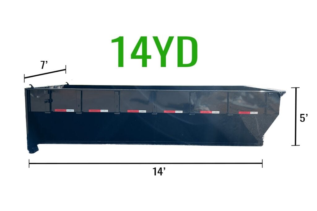 A black 14-yard rolloff dumpster with dimensions 14' long, 7' wide, and 5' high, available for rent in Elk City, Oklahoma.