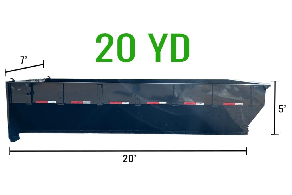 A black 20-yard rolloff dumpster with dimensions 20' long, 7' wide, and 5' high, available for rent in Elk City, Oklahoma.