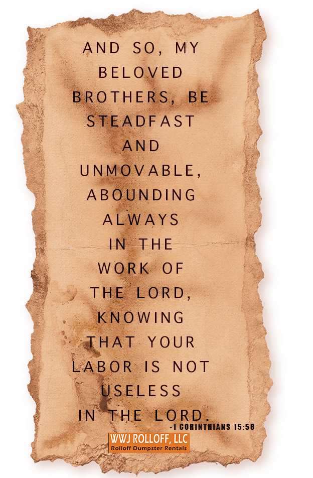 Inspirational Bible verse from 1 Corinthians 15:58 on a vintage parchment background.